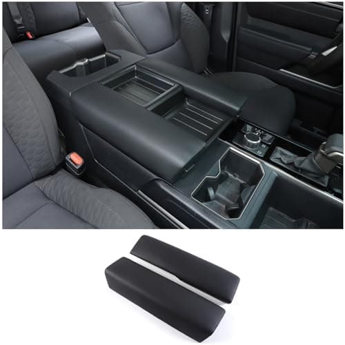 HIRUFAIT 2PCS Center Console Armrest Cover for Toyot@ Tundra 2022-2024 /Sequoia 2023-2024 Accessories, Front Seat Armrest Box Cover Cushion Protector Waterproof Anti-Scratch, ABS+Leather