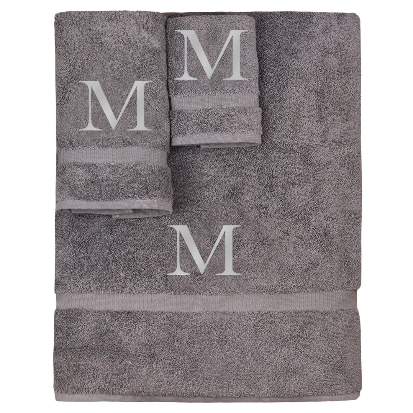 Monogrammed Towel Set Personalized Gift Set of 3 Silver Block Letter Embroidered Towel Extra Absorbent 100 Turkish Cotton Soft Terry Finish Initial M Gray