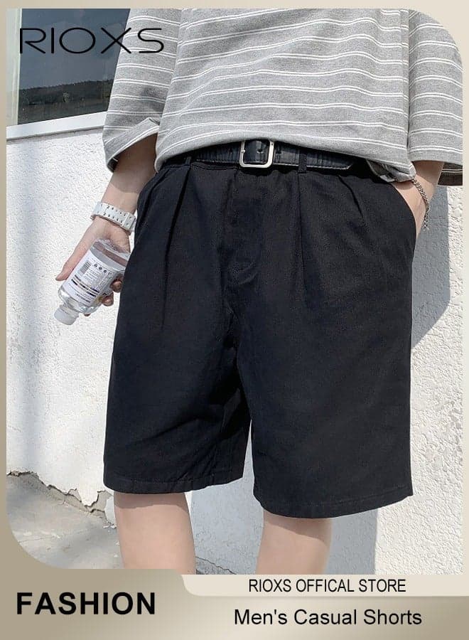 Men's Casual Shorts, Summer Knee Length Shorts, Straight Leg Elastic Waist Short Pants, Stretch Pleat Front Business Dress Shorts for Men, Quick Dry Breathable Cargo Shorts with Pockets for Sports, Work Or Daily Wear, Black