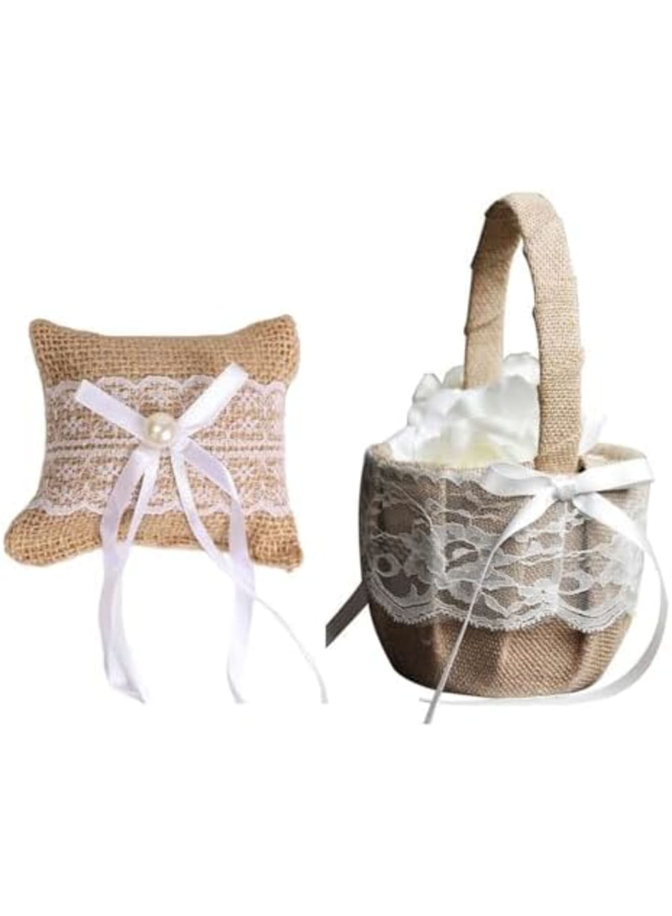 Romantic Lace Wedding Ring Pillow and Flower Basket Set - Flower Girl Baskets, Witness Love with Soft Jute Material, Ring Cushion for Engagement Ceremony, Wedding Supply Decoration