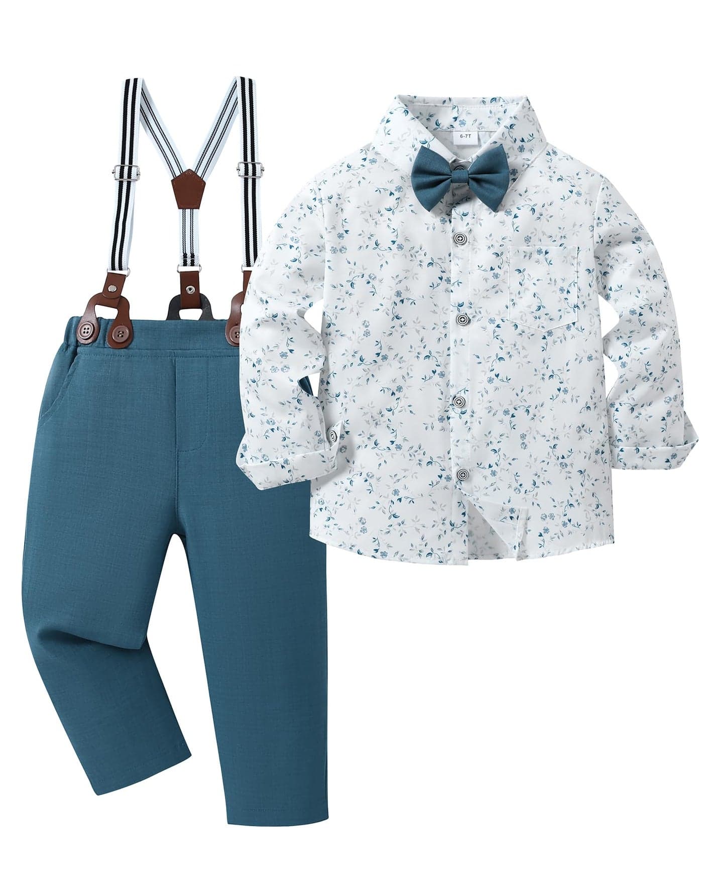YALLET Boy Clothes Suits, Formal Dress Shirt with Bowtie+Suspender Pants Big Kid Gentleman Wedding Outfits (Blue Print, 7-8 Years)