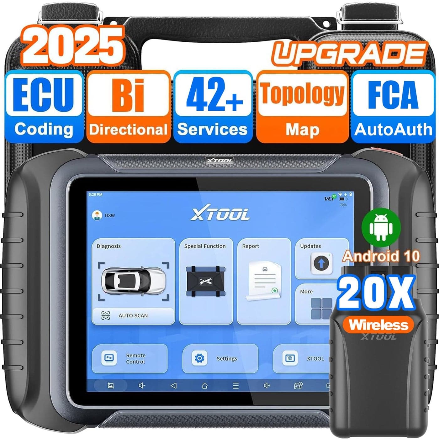 XTOOL D8W Wireless Bidirectional Scan Tool 2025 OBD2 Scanner with Topology FCA AutoAuth 3Year Updates ECU Coding PMI 42 Resets Full Diagnostic Scanner for Car Crankshaft Relearn CAN FDDoIP