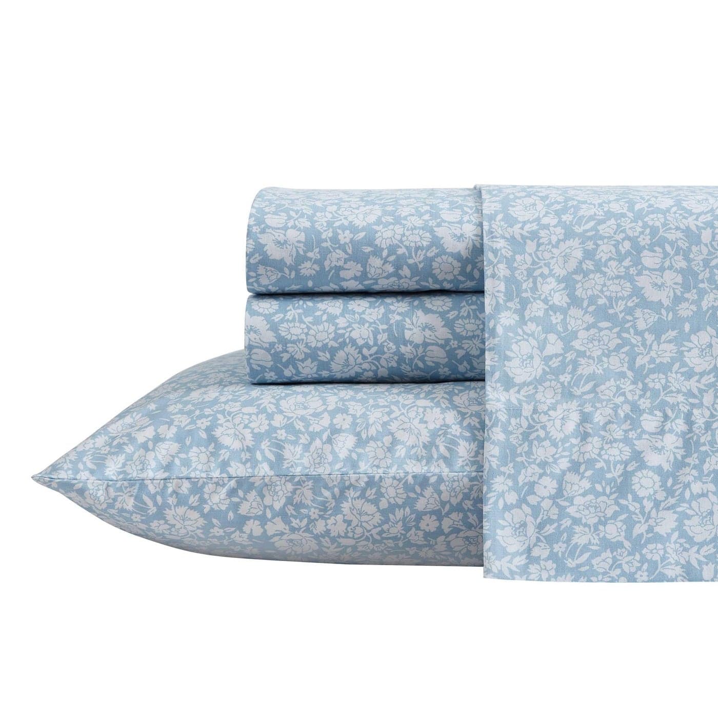 Laura Ashley Twin Sheets Cotton Percale Bedding Set Lightweight Breathable Home Decor Heirloom Ditzy Blue Twin