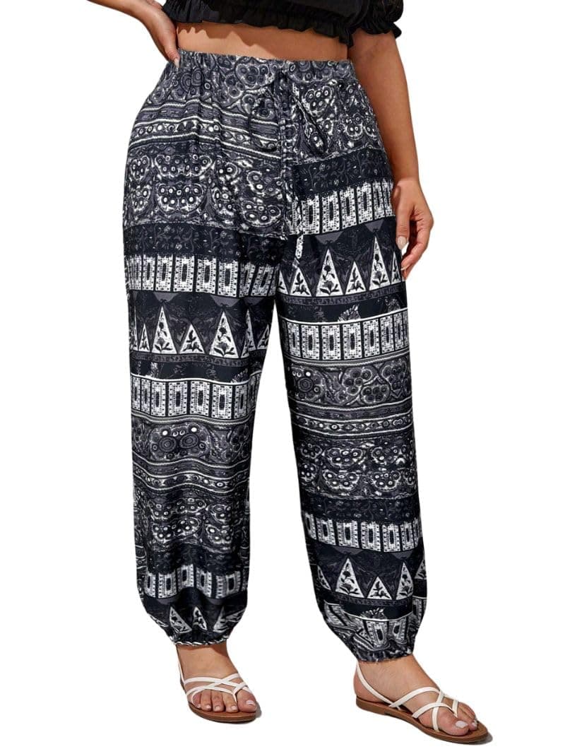 GRECIILOOKS Women's Boho Harem Pants – Printed Rayon Loose Fit Baggy Trousers with Elastic Waistband & Pockets | Casual Yoga & Lounge Wear (GL-TR1243-XL-BLACK)