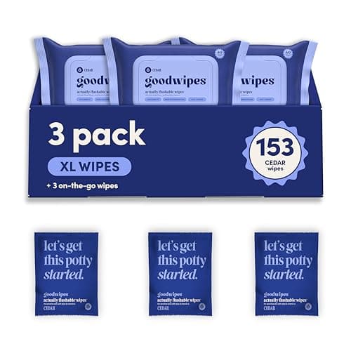 goodwipes Flushable Wipes - Cedar Wet Wipes for Adults, Sewer & Septic Safe, Guest Bathroom Essentials for Women & Men, pH Balanced & Extra Large, 153 Count (3 Packs and 3 Singles)