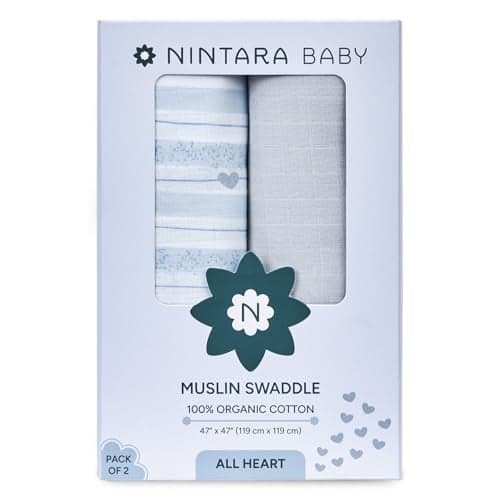 NINTARABABY Extra-Large Swaddles - 100% Organic Premium Muslin Cotton, 47" x 47" (119 cm x 119 cm), Ultra-Soft, Breathable & Lightweight, Hypoallergenic, Unisex, Gifts for Newborns, Pack of 2
