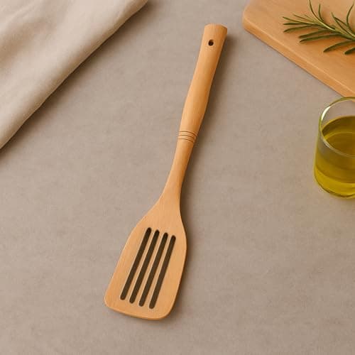 HOKIPO Premium Beech Wood Slotted Turner | Wooden Spatula for Cooking | Heat Resistant & Non-Toxic | Non-Stick Friendly Turner (AR-5843)