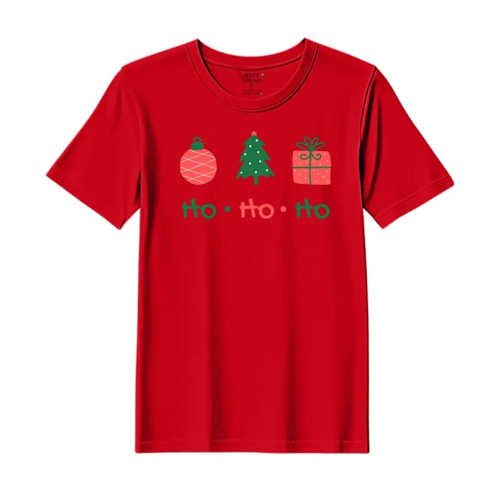 BYFT Threads XL Red Polycotton T-Shirt - Christmas "HO HO HO" Printed Design, Premium Holiday Collection