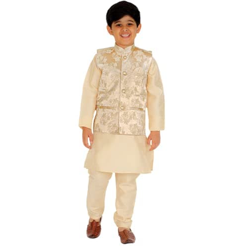 Pro-Ethic Style Developer Kurta Pajama Set For Kids Boys With Waistcoat | Silk | Floral | Traditional Dress (S-209), 3-4 Years, Gold, Golden