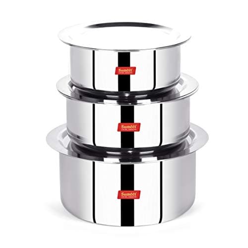 Sumeet Cook Smart Stainless Steel TriPly Steel-Aluminium-Steel - 3 Layers Tope Set of 3Pcs with Lid - No.18 (2liter, 18Cm), No. 20(3liter, 20Cm), No.22 (4 Liter, 22Cm)