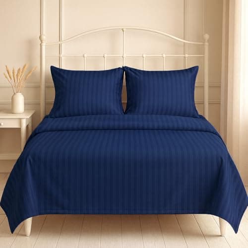 Harbell Home 300 TC Satin Stripe Queen Size Bedsheet 90x100 Inches with 2 Pillow Covers | Luxury Cotton Feel Double Bed Sheet for Bedroom, Hotels, PGs & Guest Houses – (Queen, Dark Blue)