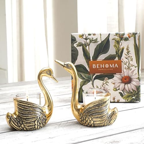 BEHOMA Metal Pair of Swan Candle Holder & Candles Combo Gift Hamper, Festive Gifting Showpiece for Valentine's Day, Anniversary (2 Metal Swans, 2 Votive Glass Scented Candles,1 Premium Gift Box), Gold