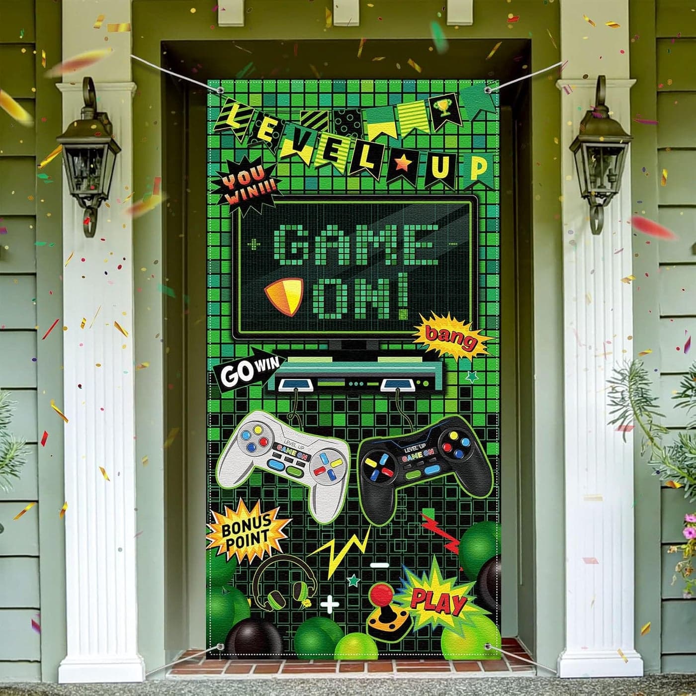 Blulu Video Game Party Decoration Video Photo Door Backdrop Game on Boys Birthday Photo Banner Room Decor for Fans Gamer Party Decoration Supplies355 x 709 Inch