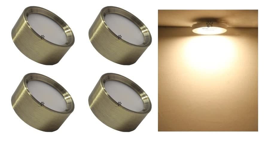 Mufasa 3 Watts Antique Brass Finish 4CM Diameter Led Surface Panel, Cabinet, Wardrobe Light, Edge Round Style Flush Mount Ceiling Lamp, Pack of 4 (Warm White,Aluminum)