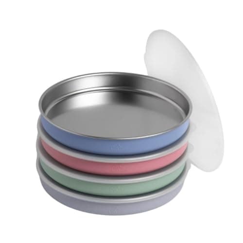 Elk and Friends 78 Stainless Steel Non Divided Plates with Silicone Sleeve Storage Lid Baby Toddler Kids Dishwasher Safe Dinner Snack Plates 4 Pack