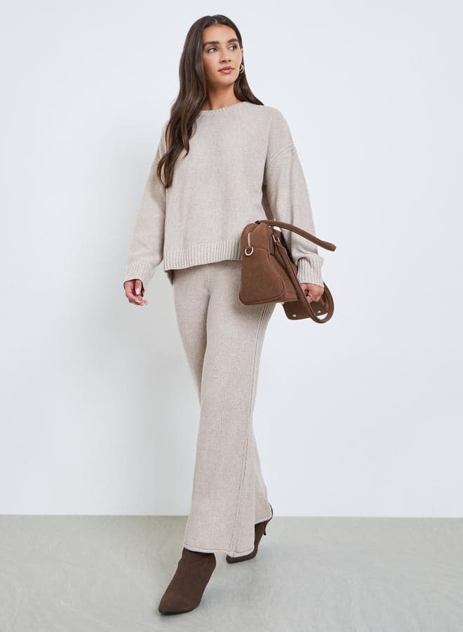 Beige Wide Leg Flat Knit Pants
