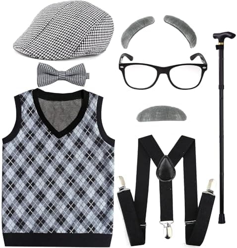 EFORLED Kids 100 Days of School Costume for Boys - Halloween Old Man Costume Hat, Glasses and Grandpa Vest Set for Child,LightGrey1-6