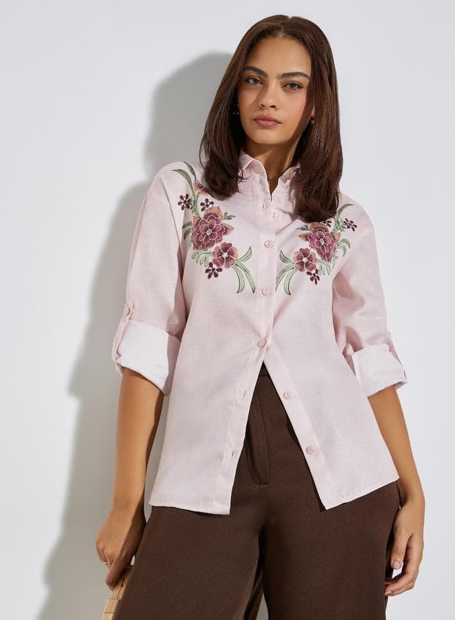 Light Pink Floral Embroidered Long Sleeve Shirt
