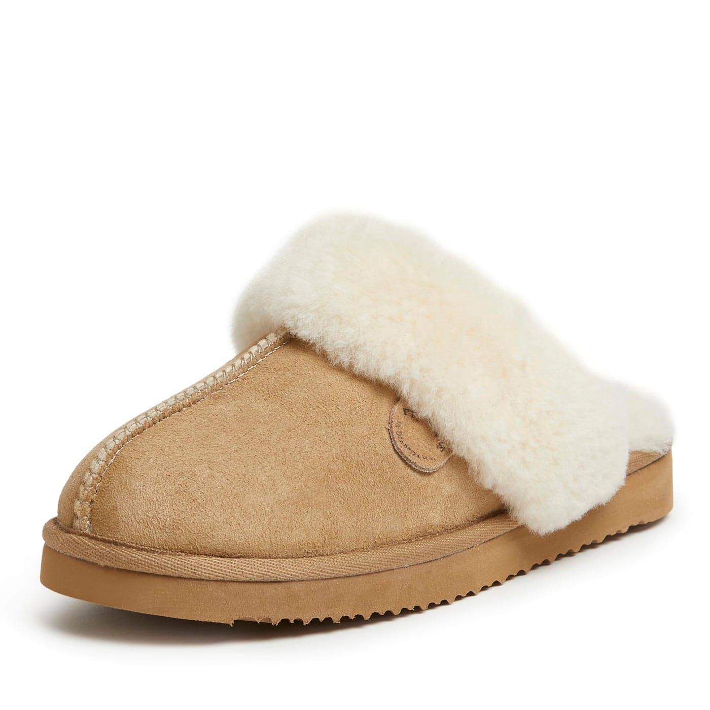 Dearfoams Womens Fireside Sydney Shearling Fur IndoorOutdoor Scuff Slipper with Wide Widths Sand 7