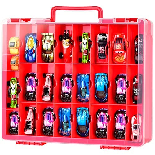 FULLCASE Toys Organizer Storage Compatible with Hot Wheels Car Container for Matchbox Cars Mini Toy Small Dolls Double Sided Carrying Box for Hotwheels 48 Compartments Case Only Red