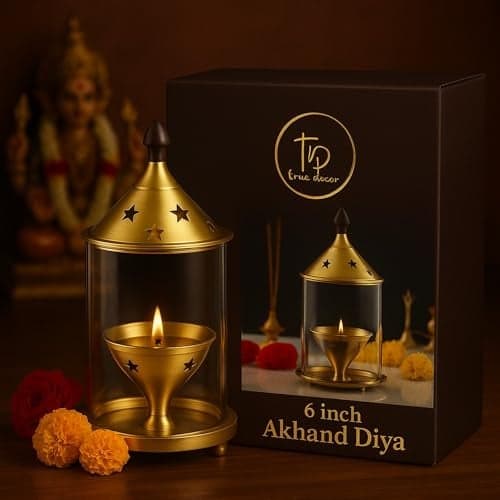 True Decor 6 Inches Akhanda Deepam with Oil Storage Akhand Jyot Brass Diya Akhand Deepak for Pooja
