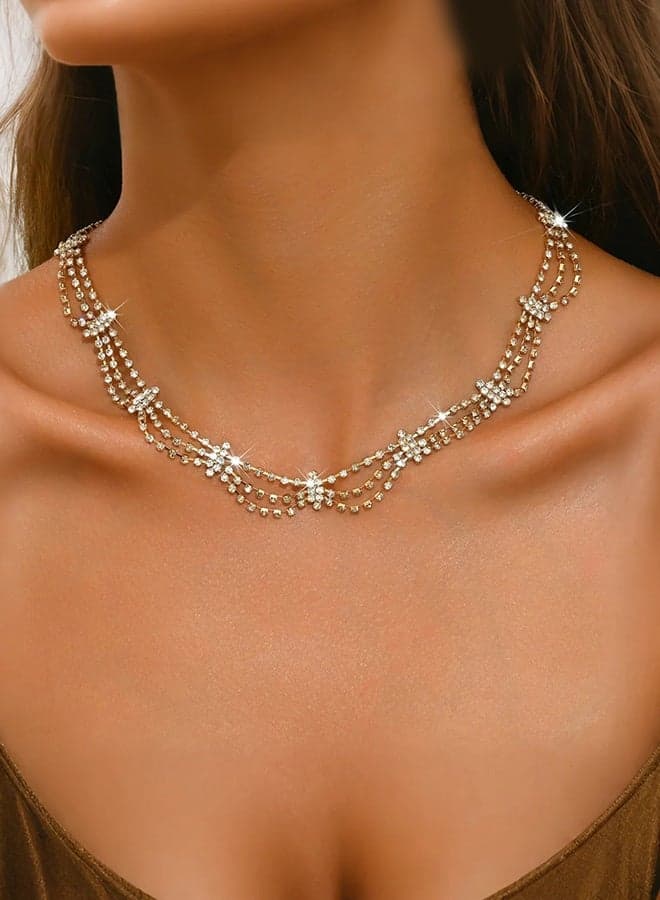 Cubic Zirconia Layered Necklace for Women Multi Strand Floral Choker with Sparkling Crystal Pendant Jewelry for Party Wedding Evening Wear Ideal Gift for Teen Girls and Wife