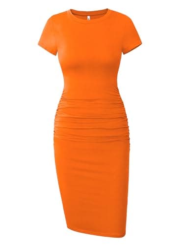 Missufe Women's Short Sleeve Ruched Casual Sundress Knee Length Bodycon T Shirt Dress (Neon Orange, Medium)