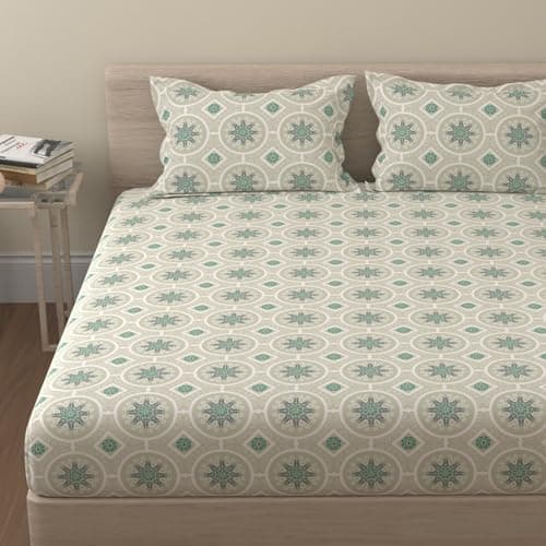 HUESLAND by Ahmedabad Cotton 144 TC Cotton Queen Size Bed Sheet for Double Bed with 2 Pillow Covers | Dark Green | Mandala