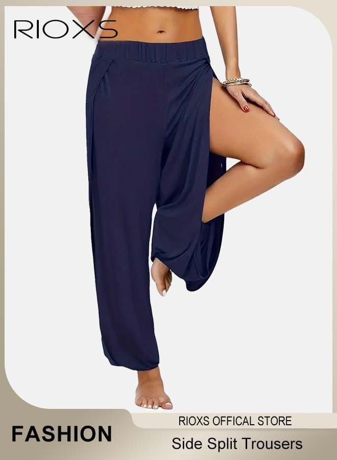 Cropped Pants Harem Bouffant Soft Loose Yoga Pilates Pants Side Split Trousers