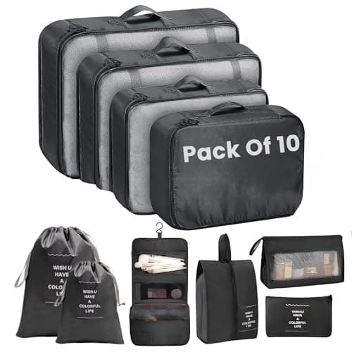 Oceanevo Set of 10 Pieces Packing Cubes Organiser for Travel, Travel Organizer Bags for Luggage, Suitcase Includes 2 Drawstring Bags, Shoe Bag and Toiletry Bag with Hook - Set of 10 - Black