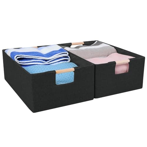 ANMINY 2PCS Closet Storage Baskets for Shelves 134 x 9 Inch Collapsible Fabric Storage Bins with Wood Handles Cloth Shelves Organizer Bins Decorative Fabric Baskets Small Black