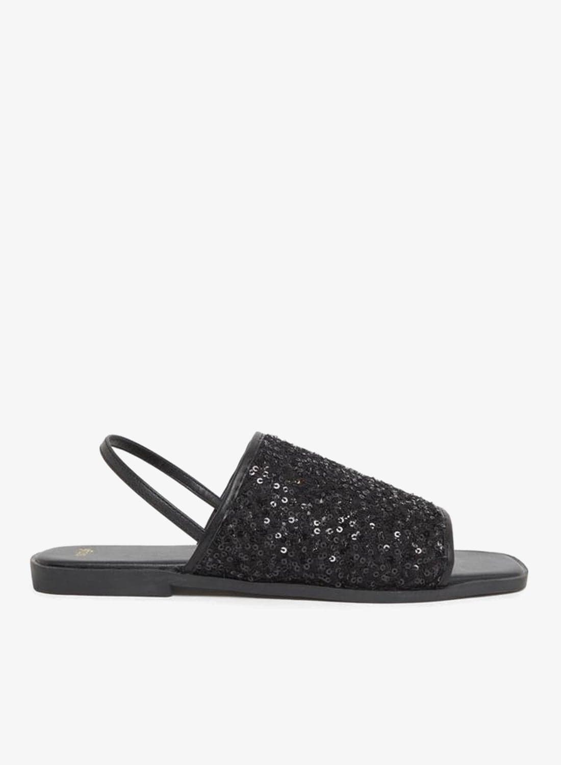 Black Sequin Flat Sandals — 38