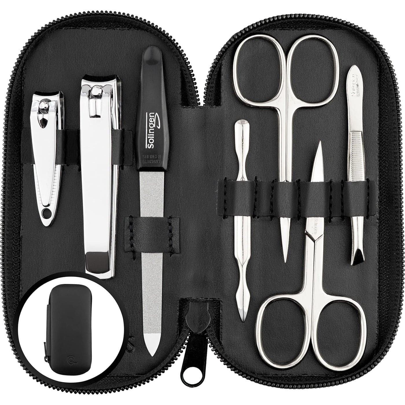 marQus Manicure Set Solingen Made in Germany 7 piece stainless steel exclusive finger toe nail clippers set in Nappa black leather case made in Solingen Germany except for clippers