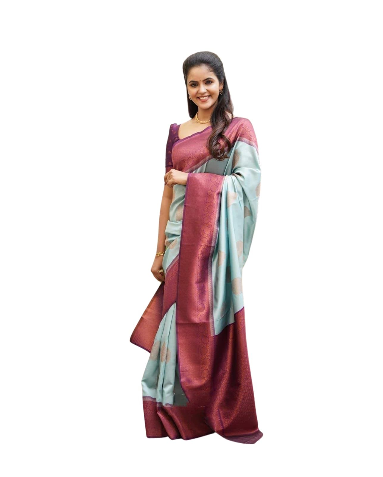 SGF11 Women's Kanjivaram Soft Lichi Silk Saree With Blouse Piece (Light Blue)