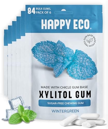 HAPPY ECO Sugar Free Natural Chewing Gum 6 Pack 84 Pieces Plastic Free Xylitol Gum with Stevia Aspartame Free Vegan Gluten Free Keto Wintergreen