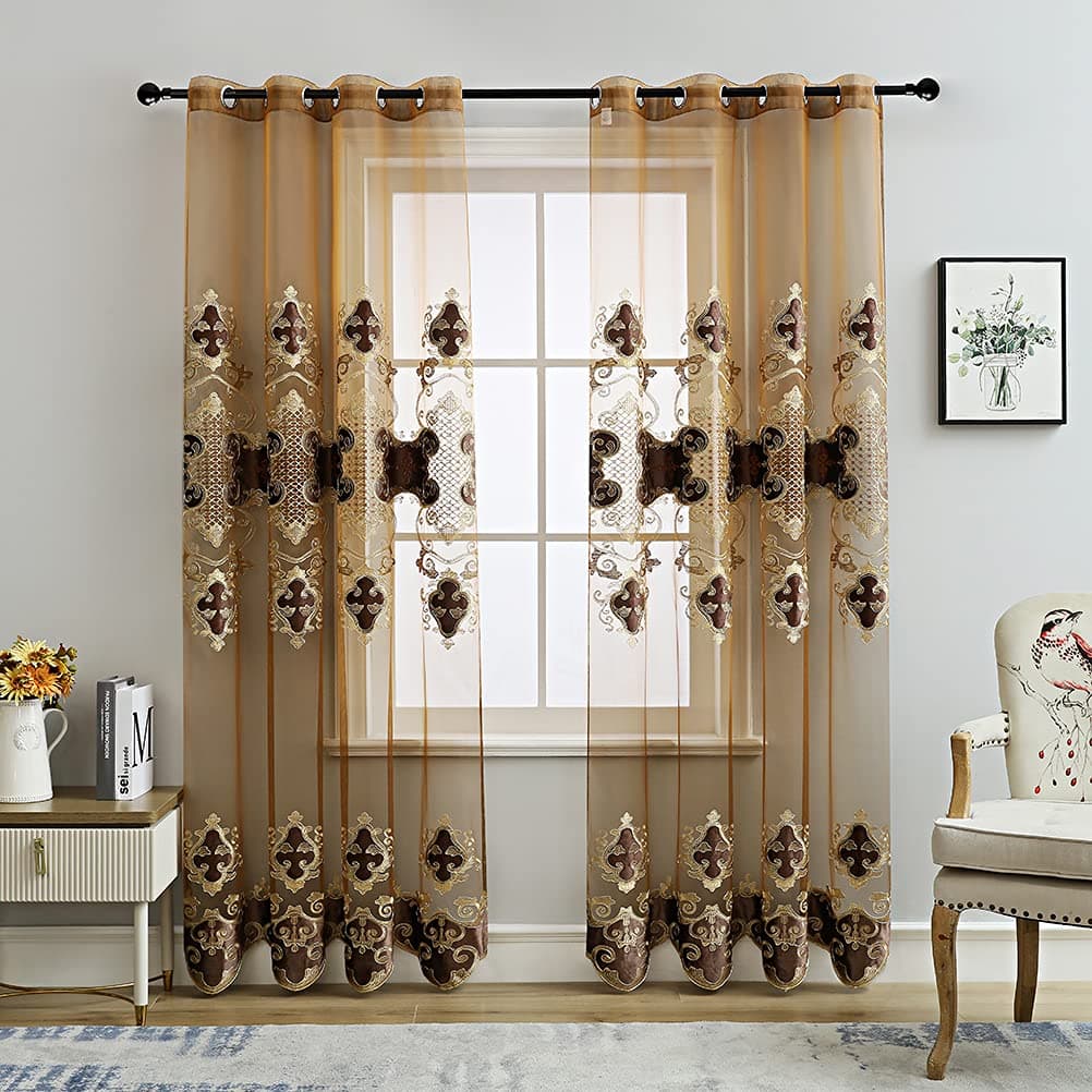 ELKCA Luxury Embroidered Sheer Curtains for Living Room Chocolate Tulle Curtains for Bedroom with Velvet EmbroideredGrommet Top52 W x 96 L2 Panels