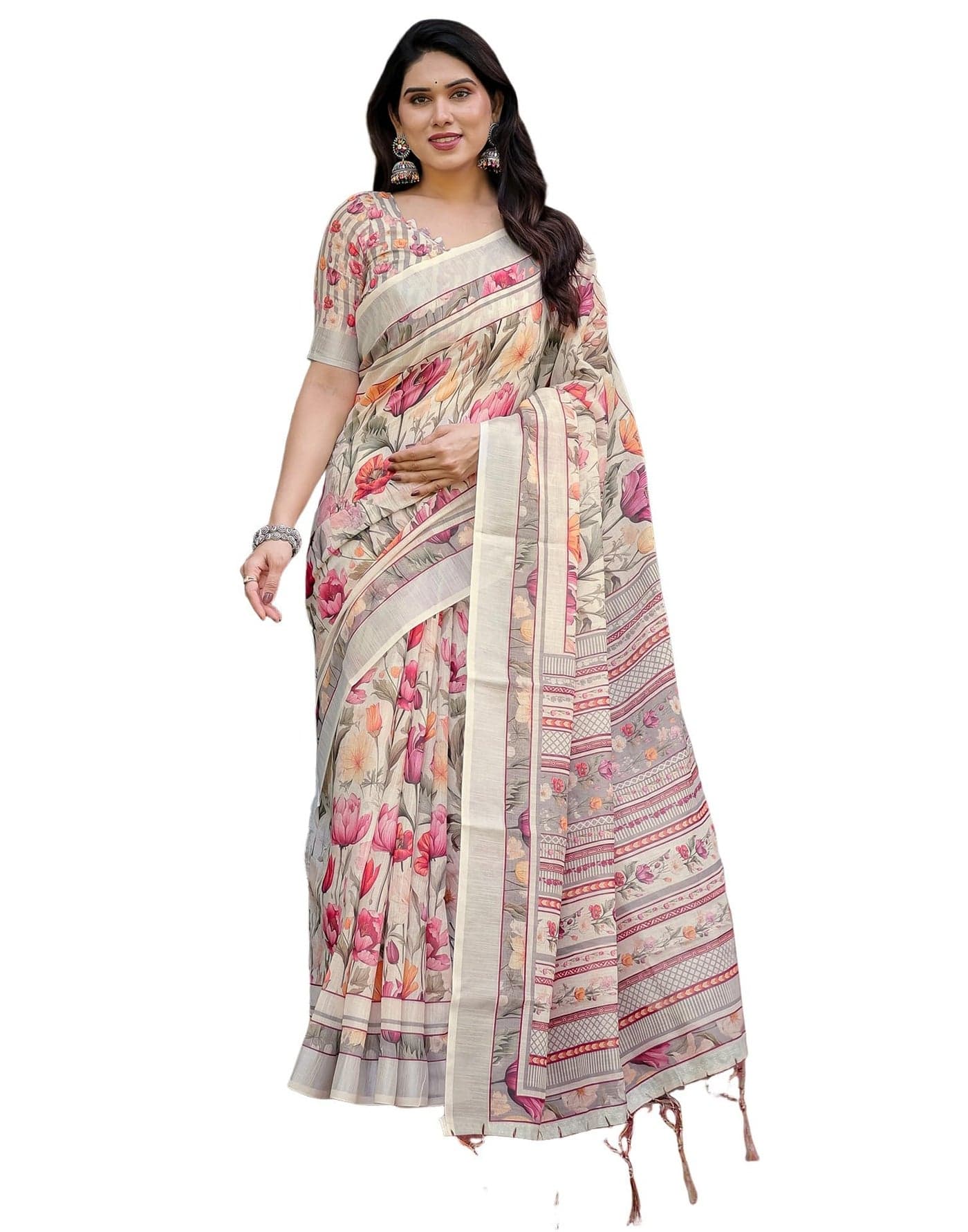 SIRIL Women's Cotton Linen Printed Saree with Unstitched Blouse Piece (4265S146_Beige)
