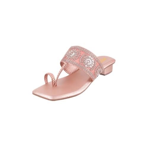 Metro Women's Embellished Block Heel Kolhapuri Slip-On Sandals | Rose Gold Synthetic Party Slippers | Light Weight Sequined Ethnic Footwear | Square Toe Fashion Sandals | Size UK 3 |