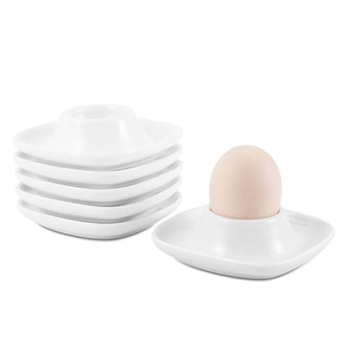 Flexzion Soft Boiled Egg Holder Set - Egg Cups for Soft Boiled Eggs British - Set of 6 Ceramic Egg Holder - Stackable Egg Coddler Cups with Base for Serving, Breakfast, Brunch, White