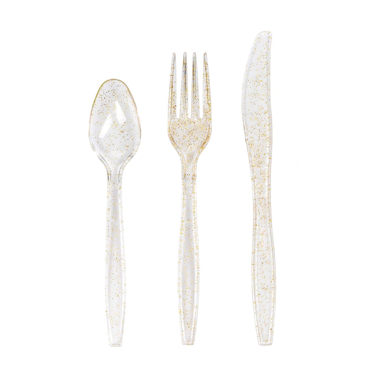 MATANA 300 Gold Glitter Plastic Silverware Set 100 Spoons 100 Knives 100 Forks Heavy Duty Clear Plastic Cutlery Set Party Utensils for Wedding Receptions Birthday Parties Banquet Catering
