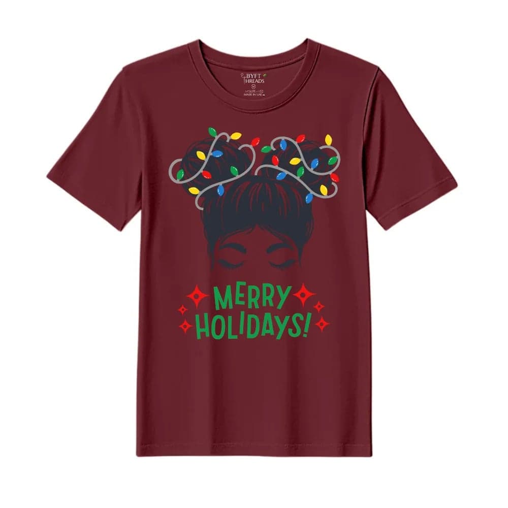 BYFT Threads XL Pomegranate Polycotton T-Shirt - Christmas "Merry Holidays" Printed Design, Premium Holiday Collection