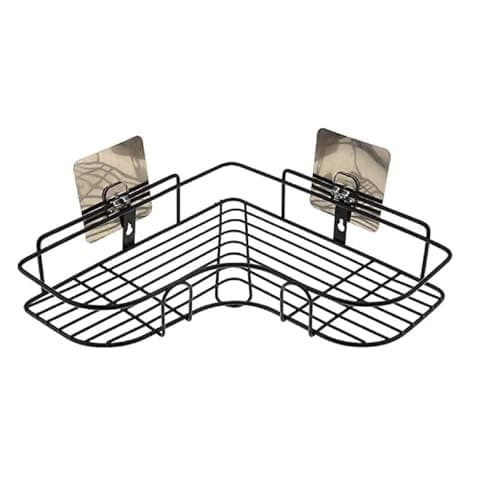 Amiraj Wall Mounted Self-Adhesive Bathroom Organizer | No Drill Kitchen Rack | L Shape Corner Shelf for Bathroom & Kitchen Accessories | GI Metal with Powder Coated Finish, Black (Pack of 1)