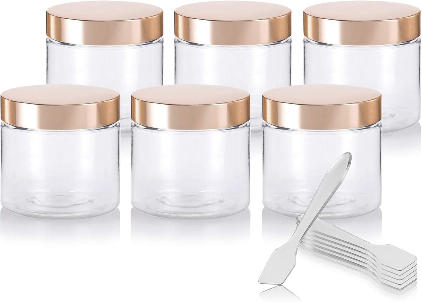 JUVITUS 4 oz / 120 ml Clear PET Plastic (BPA Free) Refillable Jar with Gold Metal Overshell Lid (6 Pack) + Spatulas