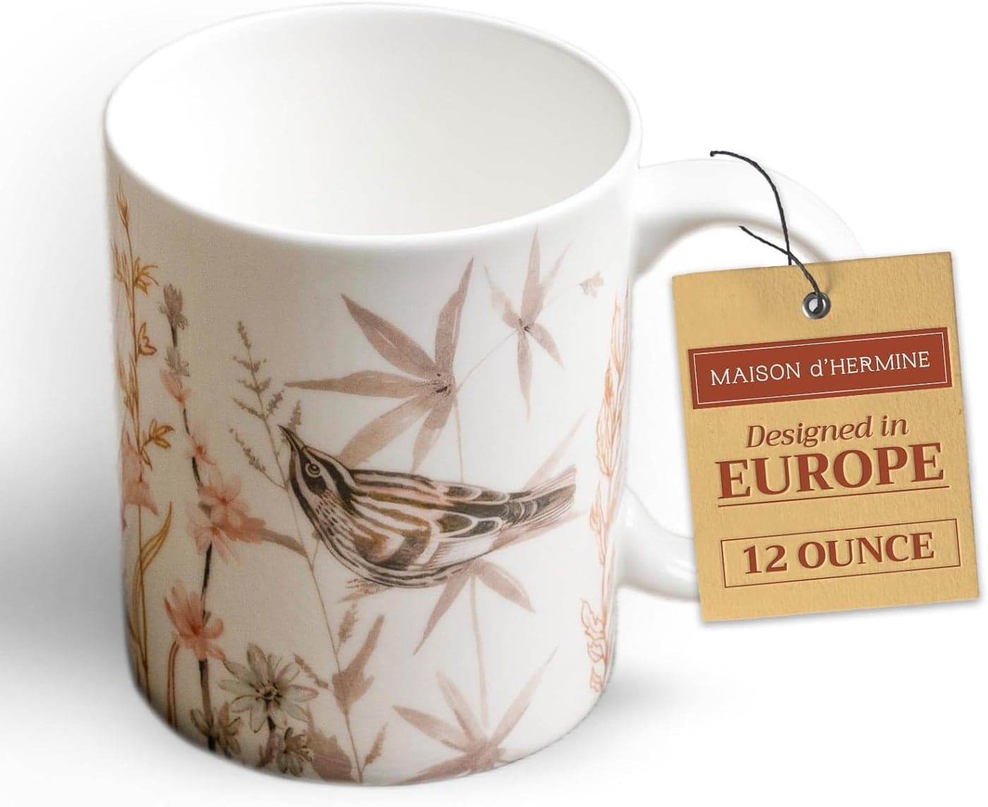 Maison d Hermine Coffee Mug with Handles Fine Bone China Mugs Pack of One Tea Cups for Hot Beverages Cappuccino Latte Home Office Perfect for Gift Meadow Florals Beige Meadow Mornings 12 Ounce