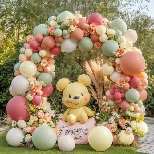 Dusty Pink Yellow Green Balloons Arch Kit Double Stuffed Pastel Light Yellow Sage Green Peach Balloon Garland Ivory White Sand Color for Bear Wildflower Birthday Wedding Party Decorations