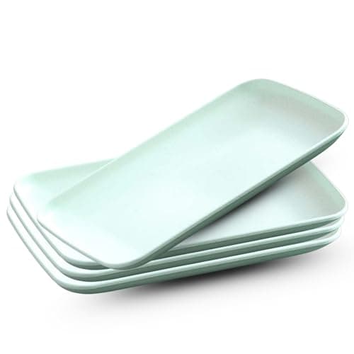 KitchAntique Lightweight Wheat Straw Rectangular Plate - 8.27", Unbreakable Eco-Friendly Dinnerware for Salads, Pasta, Snacks & Fruit Ideal for Home, Restaurant & Gifting - (Mint Green, Pack of 4)