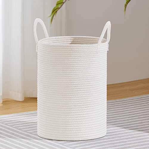 VIPOSCO Large Laundry Hamper Tall Woven Rope Storage Basket for Blanket Toys Dirty Clothes in Living Room Bathroom Bedroom 58L White