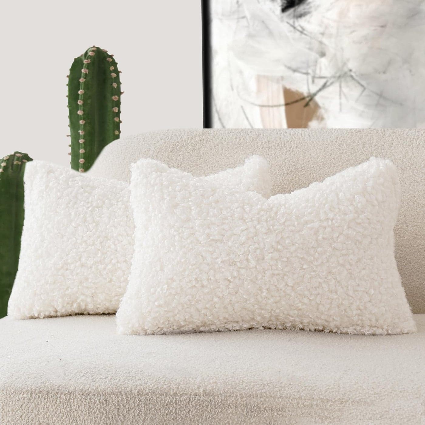 Foindtower Set of 2 Curly Teddy Wool Faux Fur Pillow Covers Decorative Boucle Textured Lumbar Throw Pillow Oblong Accent Pillowcases Sheepskin Cushion Case for for Chair and Couch 12x20 White