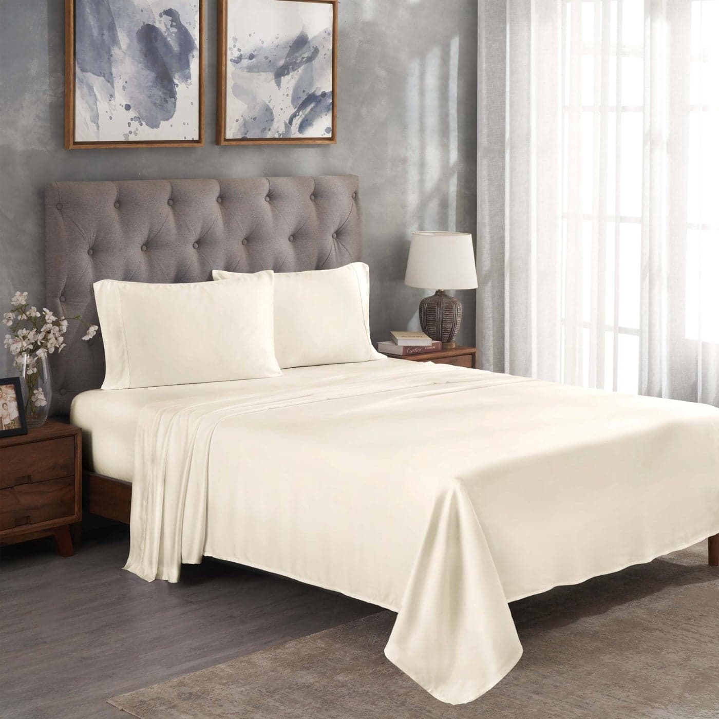 Superior Modal from Beechwood 300 Thread Bed Sheet Set 1 Elastic Deep Pocket Fitted Sheet 1 Flat Sheet 2 Pillowcases Soft Cool Sheets Sateen Weave Bedding Essentials Queen Ivory