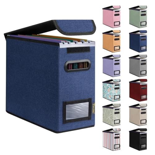 BALEINE File Organizer Box with Lid Collapsible File Folder Organizer with Plastic Slide Hanging File Folder Box for Office Document Storage 1 Pack Blue S